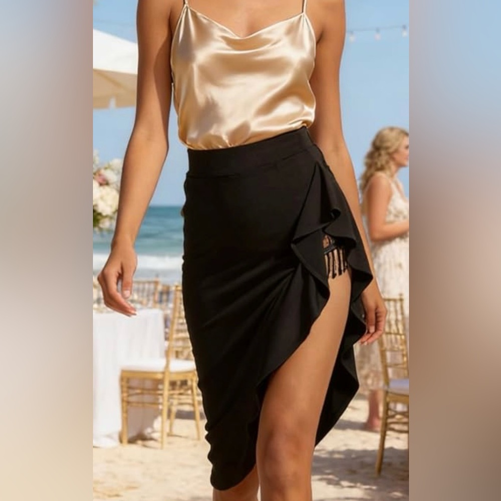 Asymmetric Black Ruffle Side-Slit Skirt